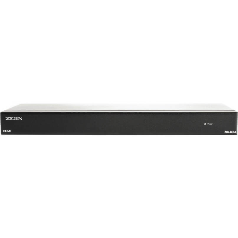 Zigen 18Da Hdmi Distribution Amplifier Zigen zig-150a hdmi front-panel device, black rectangular enclosure with a power indicator on the right.