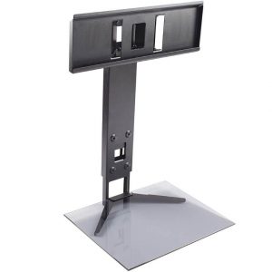 Adjustable monitor stand with VESA mounting plate and clear acrylic base.