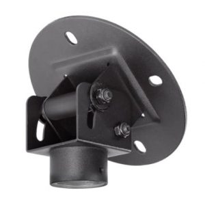 Black round mounting plate with four holes and an adjustable square bracket supporting a cylindrical projection.