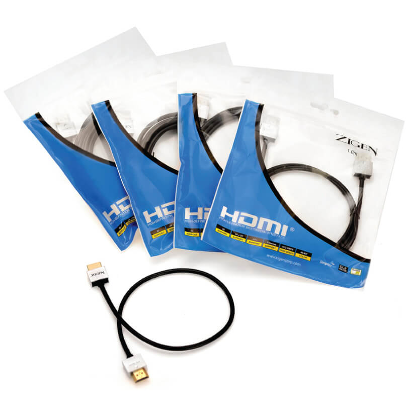 Zigen Hdmi- 1M Cable Zigen hdmi cables in blue packaging, 1. 0m length, four packages and a black hdmi cable with white connectors.