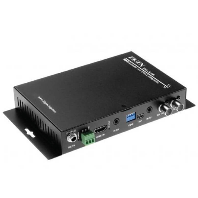 Zigen Cx100 Amplifier Transmitter / Receiver Extender Zigen hdmi video converter box with usb 3. 0 port, audio jacks, and green power terminal.