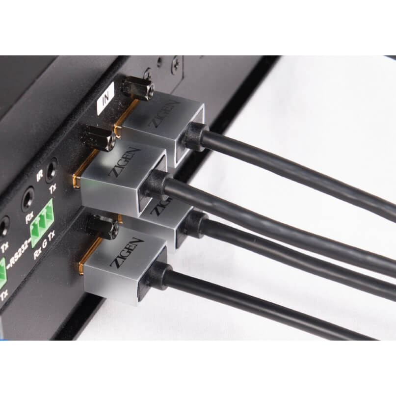 Zigen Hdmi- 5M Cable Three zcen signal adapter modules connected to a rackmount device via black cables.