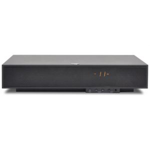 Front view of a black AV receiver with a perforated front grille and an orange display showing 11.