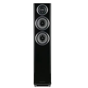 Wharfedale floor-standing speaker with three silver-ringed drivers in a tall black cabinet with casters.
