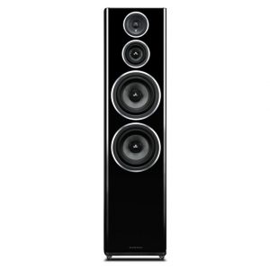 Wharfedale floorstanding speaker with a glossy black cabinet and four vertically arranged drivers (tweeter, midrange, two woofers)