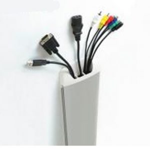 White multi-port adapter with USB, HDMI, VGA and audio cables.