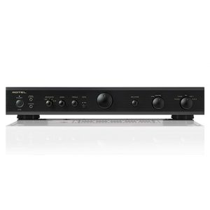 Interdyn Rotel a-10 integrated stereo amplifier with black brushed front panel, knobs for power, bass, treble, balance, and volume control