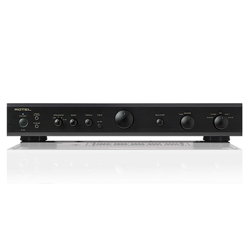 Rotel A10 Integrated Amplifier Rotel a-10 integrated stereo amplifier with black brushed front panel, knobs for power, bass, treble, balance, and volume control