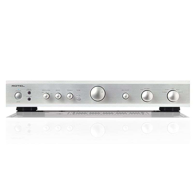 Rotel A10 Integrated Amplifier Rotel integrated stereo amplifier with brushed aluminum front panel, central large volume knob, balance and source knobs.