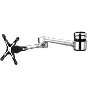 Adjustable chrome monitor arm with VESA mounting plate and wall/desk mounting clamp.