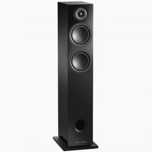 Triangle floor-standing loudspeaker with two large woofers and a small tweeter in a black cabinet, front-ported.