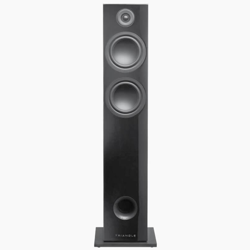 Triangle Elara Ln07 Floorstanding Loudspeaker Triangle floorstanding loudspeaker with two large drivers and a top tweeter in a tall black glossy cabinet.