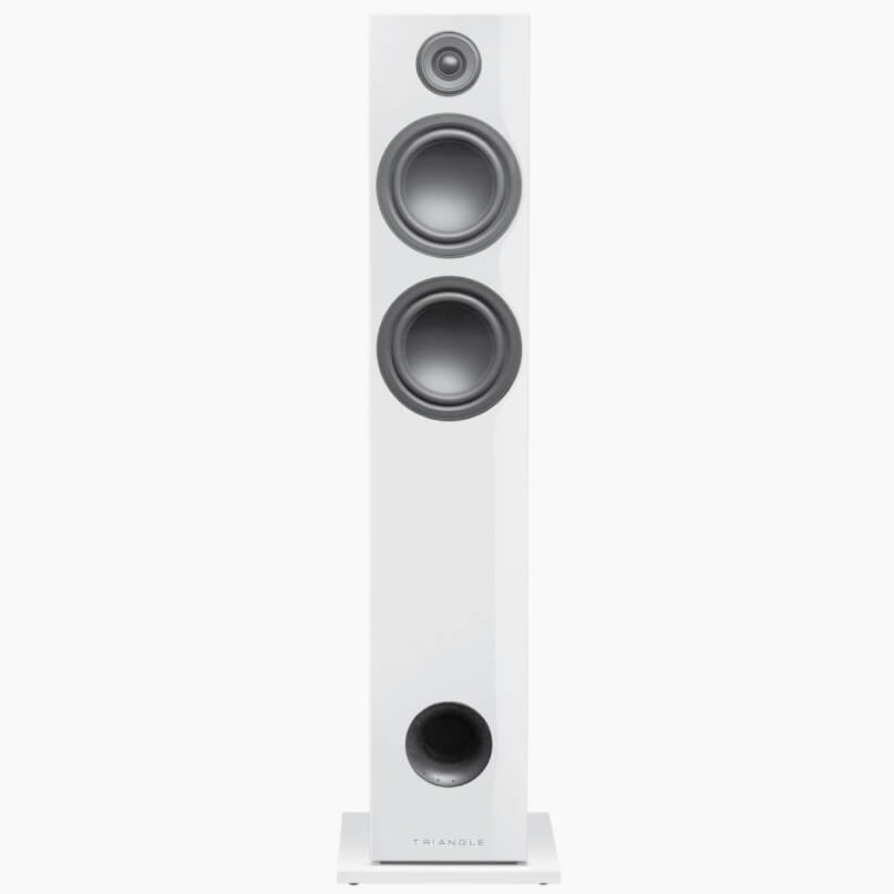 Triangle Elara Ln07 Floorstanding Loudspeaker White triangle floor-standing speaker with a tweeter, two large woofers, and a front bass port.