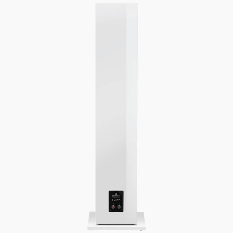 Triangle Elara Ln07 Floorstanding Loudspeaker Elara white floor-standing speaker with a black control panel at its base.