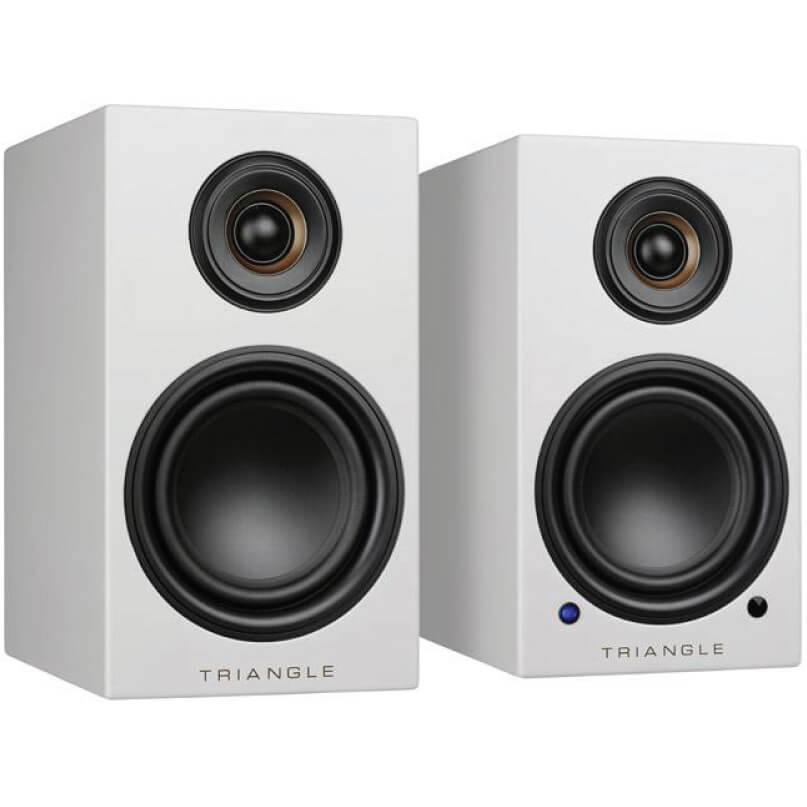 Triangle Elara Ln01A Bookshelf Loudspeaker Pair of white triangle bookshelf speakers with dual drivers: a small tweeter above a large woofer, blue led on one.