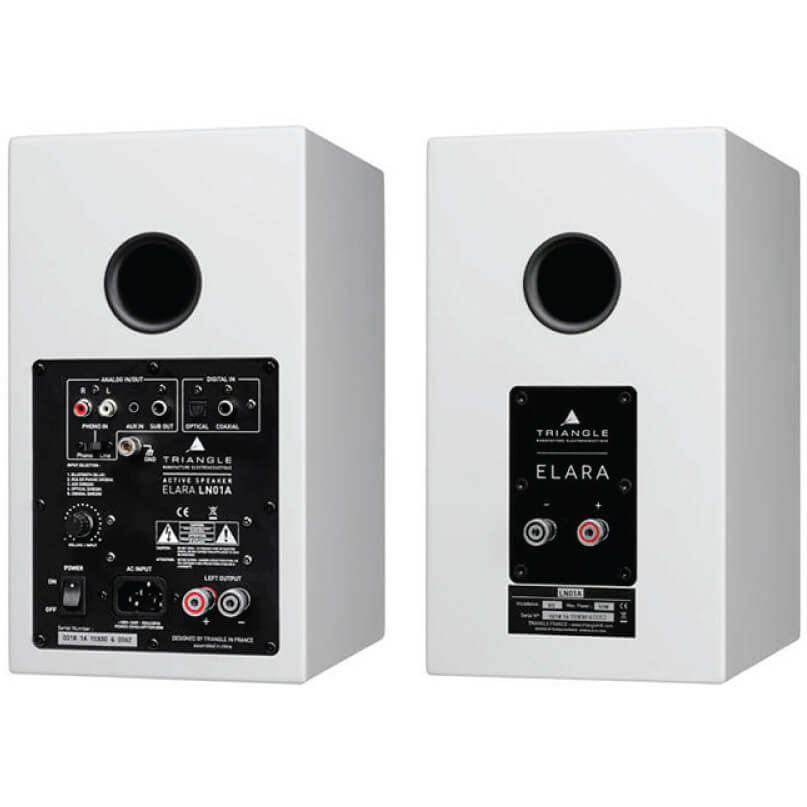 Triangle Elara Ln01A Bookshelf Loudspeaker Triangle elara white bookshelf speakers with rear panels showing input connectors and binding posts.