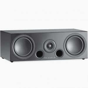 Triangle black speaker cabinet with two large front drivers, a central driver, and two round front ports.