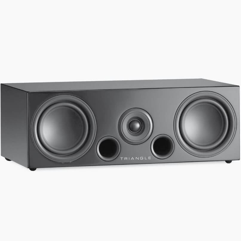 Triangle Elara Ln02 Centre Channel Loudspeaker Triangle black speaker cabinet with two large front drivers, a central driver, and two round front ports.