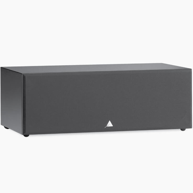 Triangle Elara Ln02 Centre Channel Loudspeaker Black rectangular subwoofer cabinet with a small white triangular logo on the front and small casters.