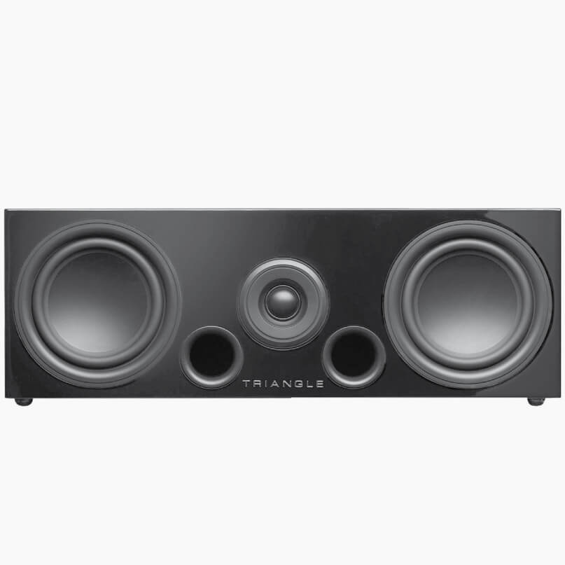 Triangle Elara Ln02 Centre Channel Loudspeaker Triangle speaker with two large woofers, a central tweeter, dual ports, in a black cabinet.
