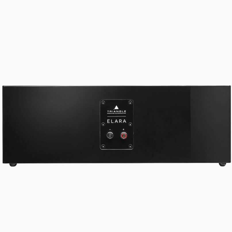 Triangle Elara Ln02 Centre Channel Loudspeaker Triangle elara black rectangular speaker with a central back panel featuring red and black binding posts.