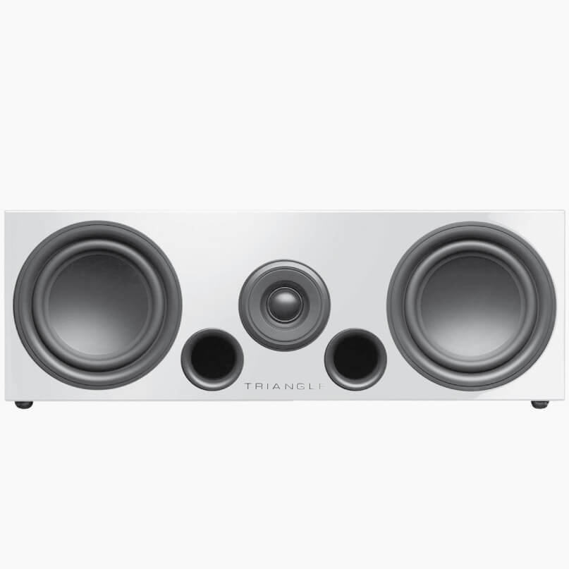Triangle Elara Ln02 Centre Channel Loudspeaker Triangle white stereo speaker with two large woofers, a central tweeter, and two bass ports.