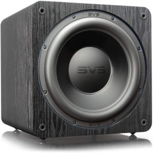 SVS subwoofer with a black wood-grain cabinet and large front-firing woofer
