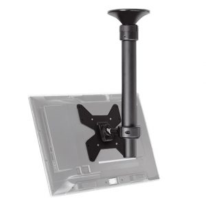 Ceiling-mounted monitor arm with vertical black pole and VESA mounting plate.