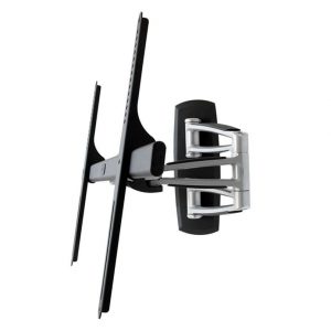 Wall-mounted dual-monitor arm with silver articulating brackets and black mounting plate.