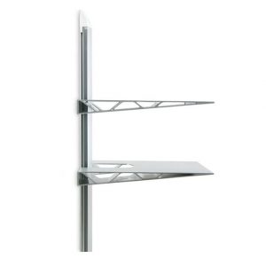 Wall-mounted metal shelf system with two cantilever shelves and lattice-brace supports.