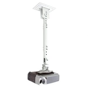 Ceiling-mounted projector with adjustable white pole and square mounting plate.