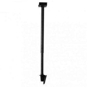 Long black metal support pole with rectangular top clamp and angled ground spike at its base