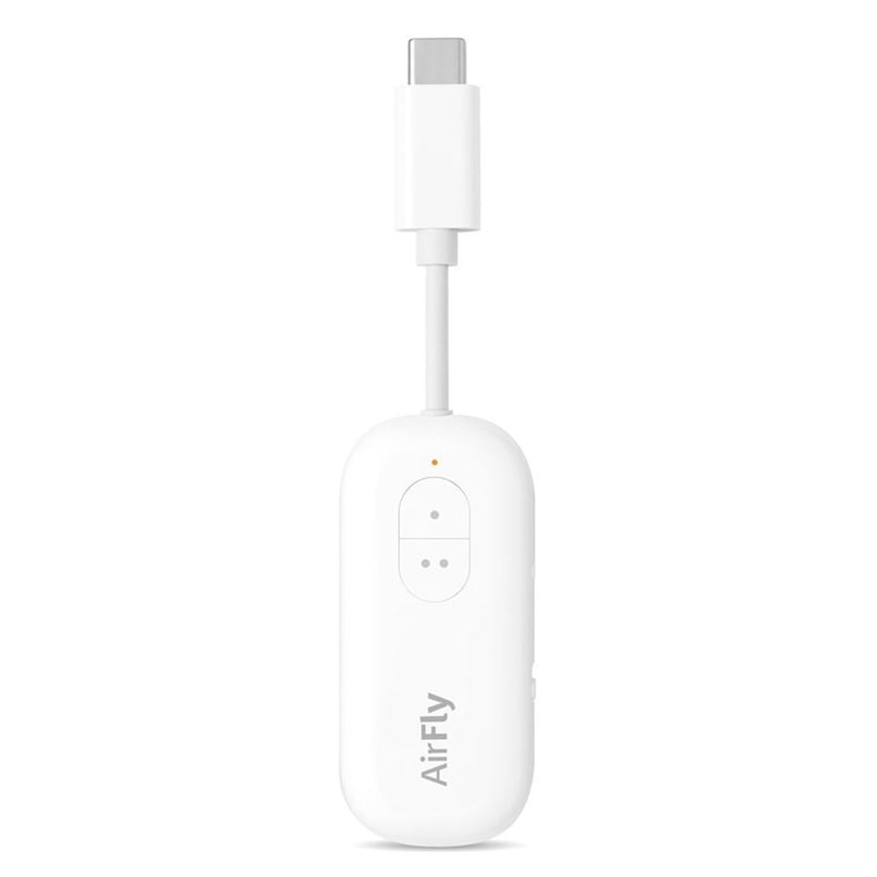 Twelve South Airfly Usb-C Airfly white wireless audio transmitter with usb-c adapter at top.
