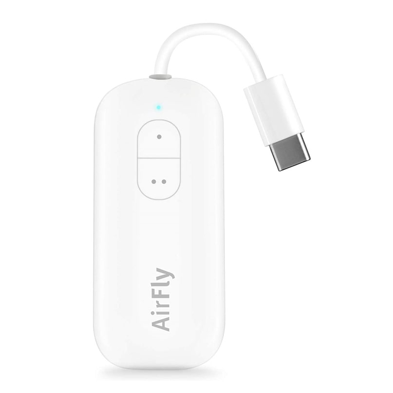 Twelve South Airfly Usb-C Airfly wireless bluetooth transmitter, white, with usb-c plug, oval control panel, blue led indicator.
