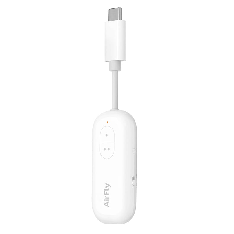 Twelve South Airfly Usb-C Airfly wireless audio transmitter, usb-c version, white compact pill-shaped device with a usb-c plug and small status led.