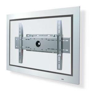 Metal TV wall mount bracket with adjustable vertical rails and central mounting plate.