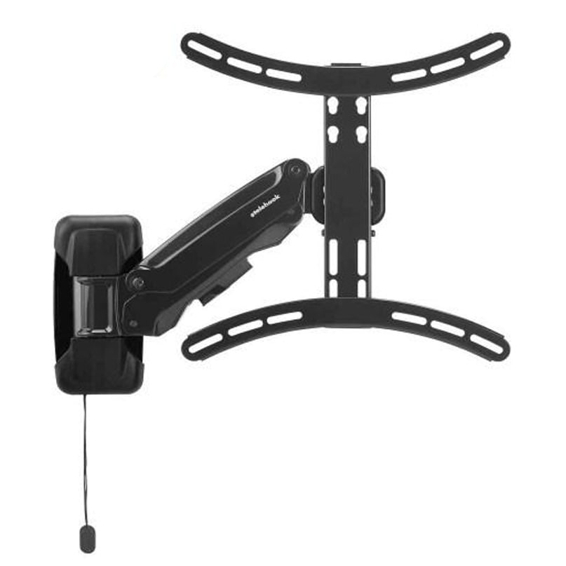 Black dual-arm full-motion wall mount for flat-screen TV with vertical VESA mounting plate.