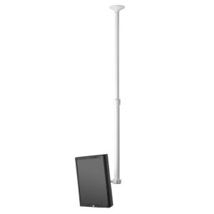 White vertical monitor pole with adjustable clamp supporting a black flat-panel display.