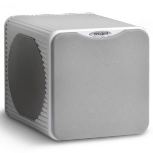 Velodyne compact silver cube subwoofer with textured front panel and round side speaker.