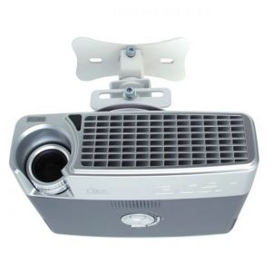 Compact projector with lens on the left, gray body, front vent grille, and a ceiling-mount bracket.