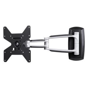 Telehook monitor arm desk mount with dual-articulating silver and black arms and VESA plate