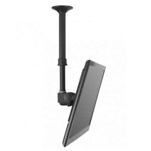 Tablet mounted on an adjustable suction-arm mount with a clamp holding it in portrait orientation.