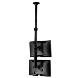 Dual-monitor desk stand with a tall central pole supporting two mounted screens.