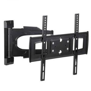 Black adjustable TV wall mount with articulating arms and VESA mounting plate.