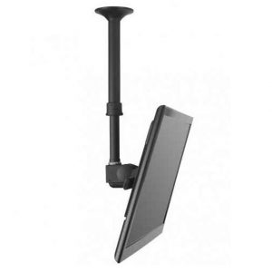 Adjustable tablet mount with vertical pole and clamp holding a tablet in landscape orientation.