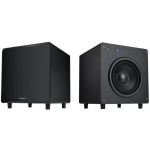 Pair of Velodyne black subwoofers; right unit features 8-inch front-facing woofer and blue digital display, left unit a closed cabinet.