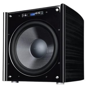 Black powered subwoofer with large circular silver woofer, glossy front panel, and digital display control at top.