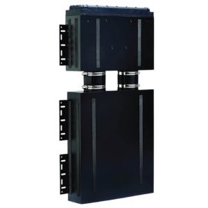 Two-stack industrial dry-type power transformer with black enclosures and side mounting brackets.