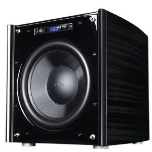 Self-powered subwoofer with a large woofer, glossy black front panel, and digital control display.