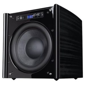 Velodyne subwoofer with a glossy black enclosure, front-firing woofer, and blue digital display.